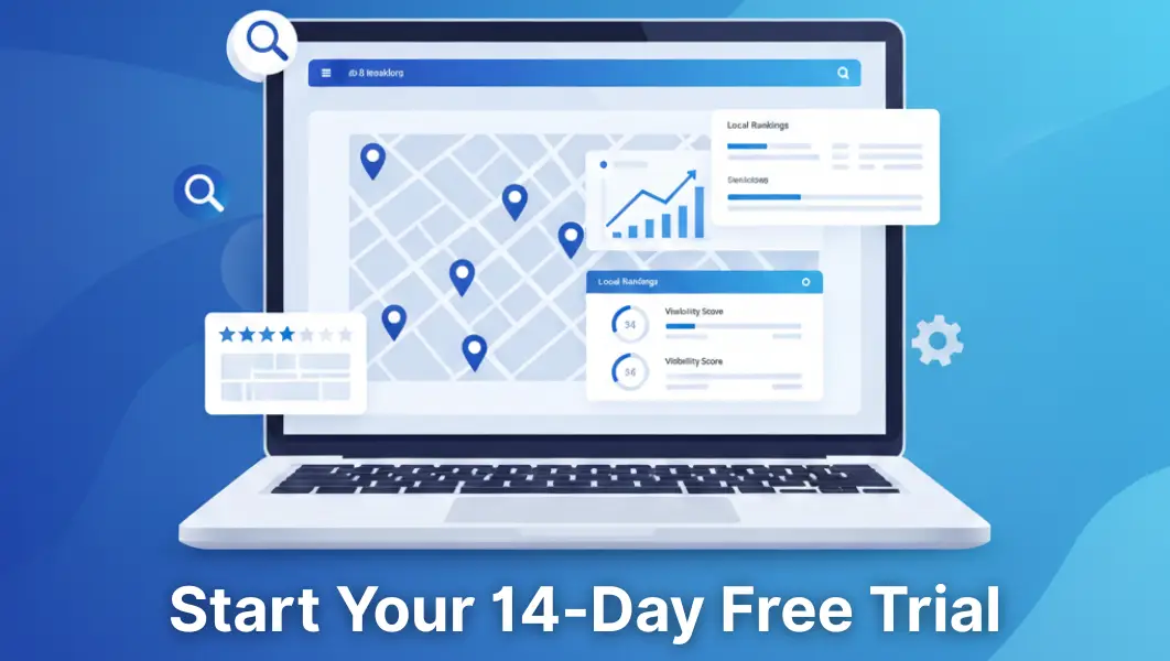 Illustration of local SEO analytics with the text Start Your 14-Day Free Trial