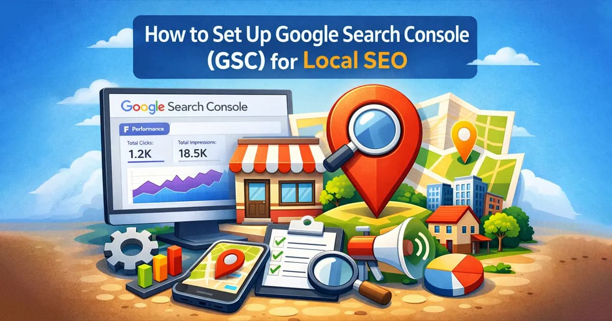 Illustration showing Google Search Console dashboard with search performance, indexing status, and sitemap reports.
