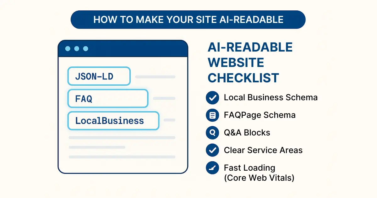 AI-readable website checklist showing steps for how local service SMBs can appear in ChatGPT searches