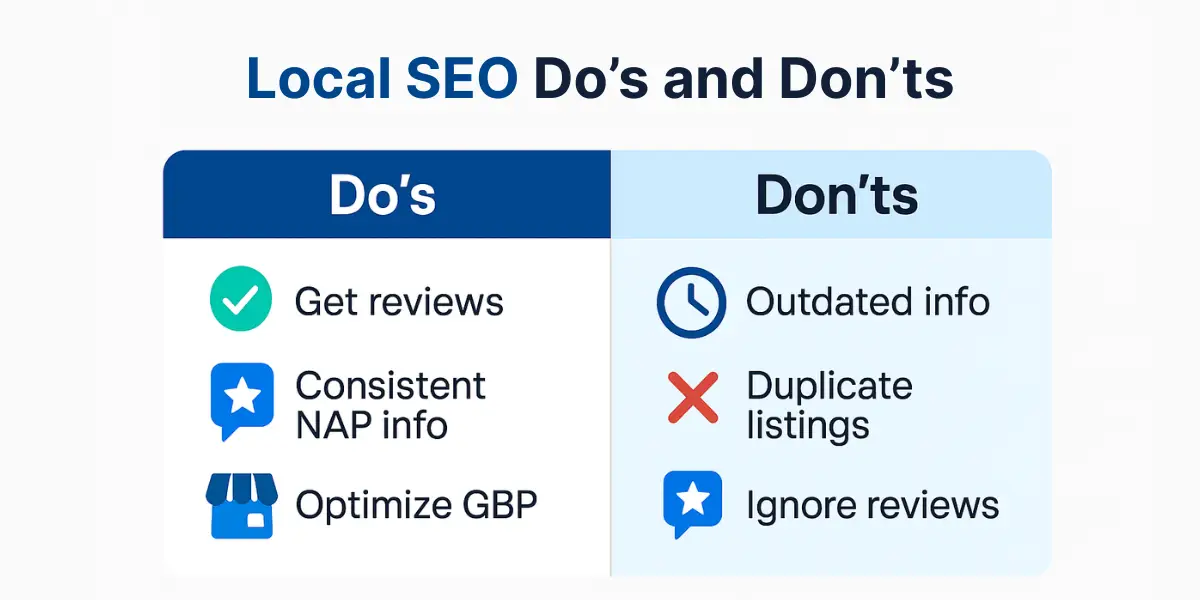 Infographic showing Local SEO Do’s and Don’ts with green checkmarks for best practices and red crosses for common mistakes