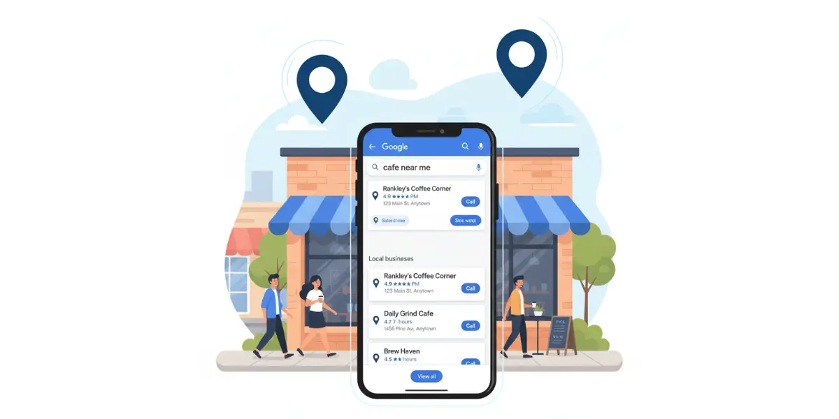 Illustration of a local business storefront with map pins and a mobile search result showing nearby cafés