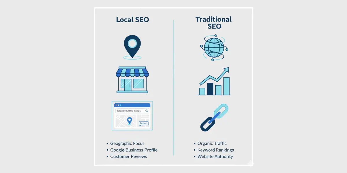Infographic comparing Local SEO and Traditional SEO with icons for map pins, storefronts, analytics, and backlinks